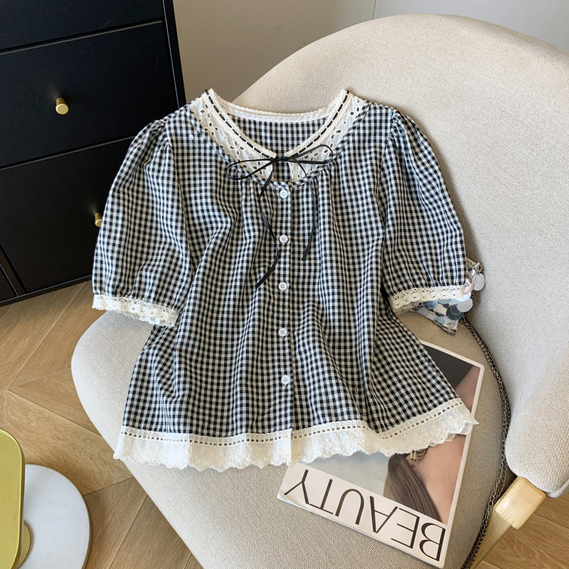 Loose retro plaid tops summer frenum shirt for women