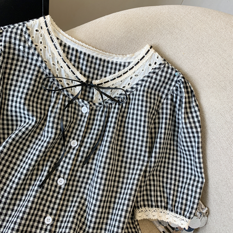 Loose retro plaid tops summer frenum shirt for women