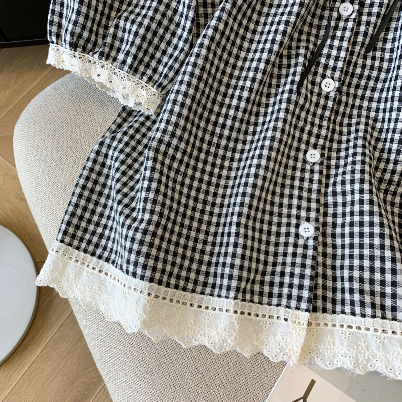 Loose retro plaid tops summer frenum shirt for women