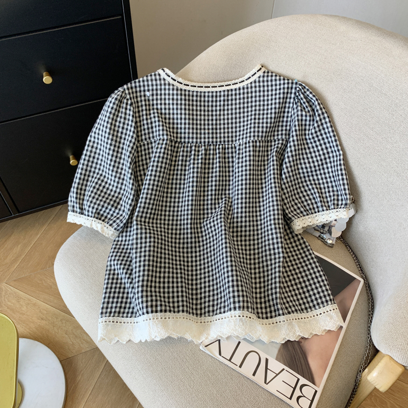 Loose retro plaid tops summer frenum shirt for women