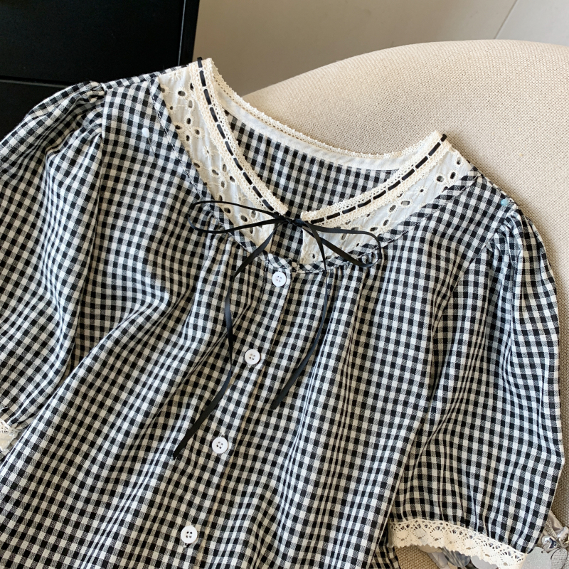 Loose retro plaid tops summer frenum shirt for women
