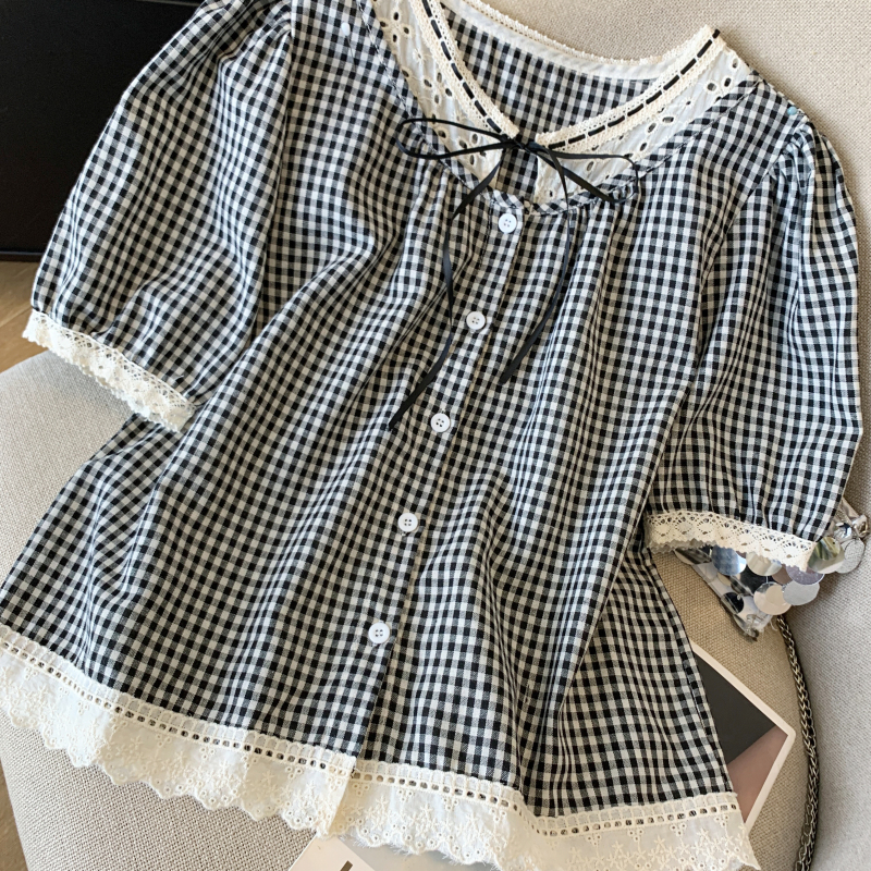 Loose retro plaid tops summer frenum shirt for women