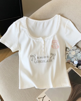 Lace sweet short T-shirt embroidery slim tops for women