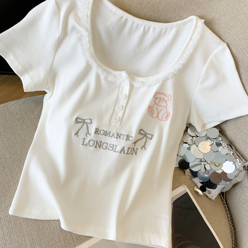Lace sweet short T-shirt embroidery slim tops for women