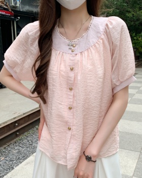Short sleeve folds summer shirts splice round neck tops