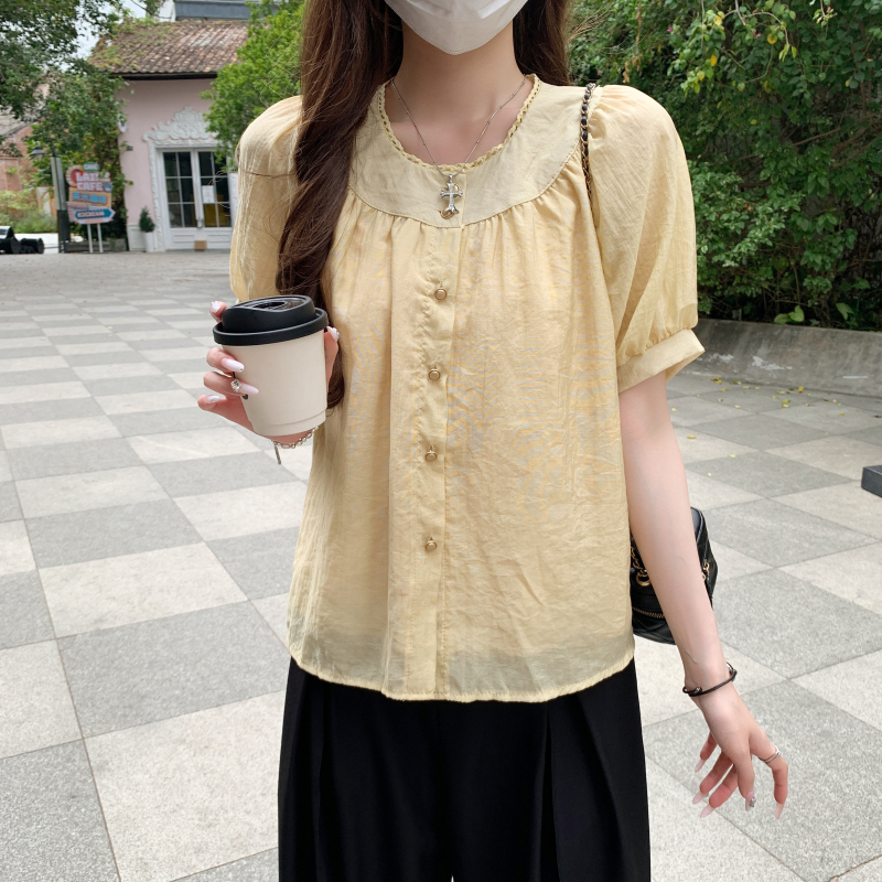 Short sleeve folds summer shirts splice round neck tops