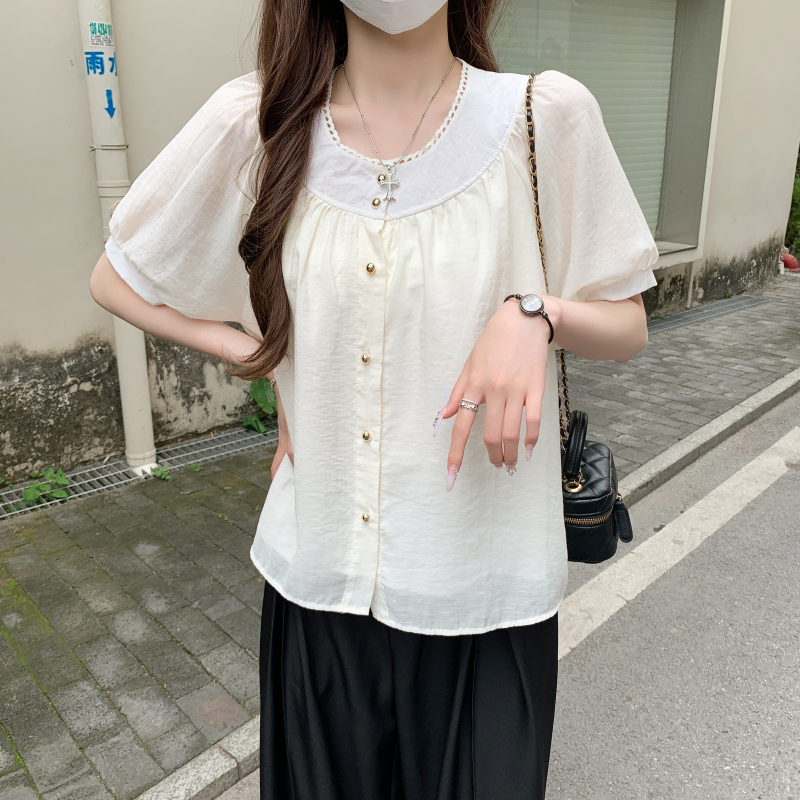 Short sleeve folds summer shirts splice round neck tops