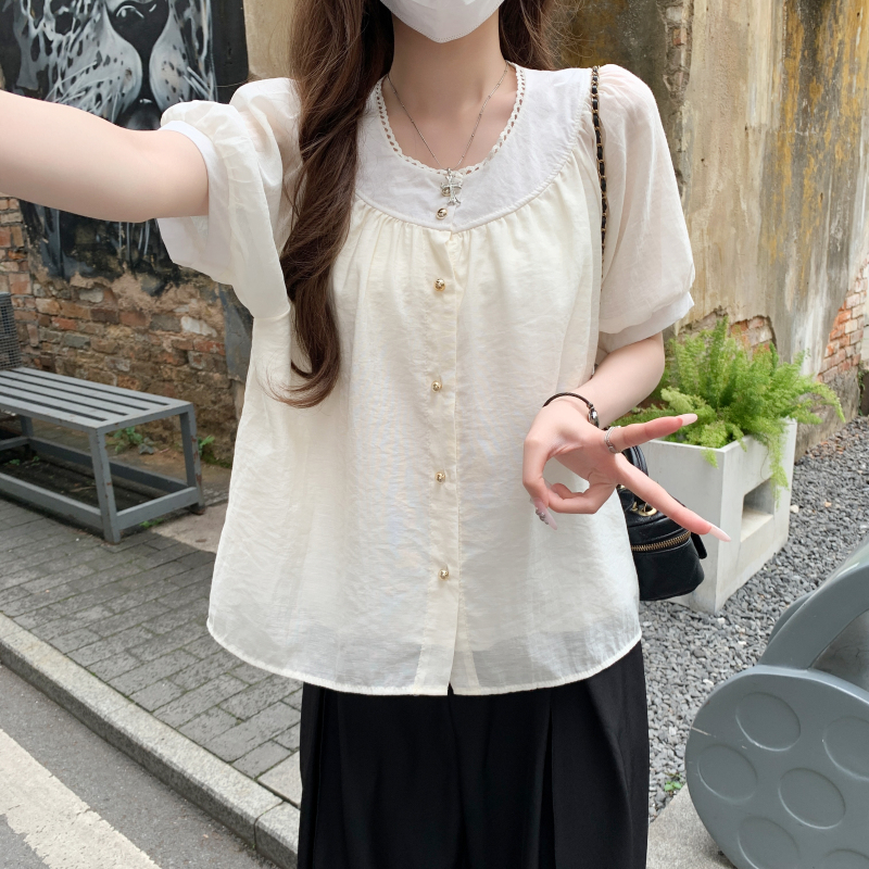Short sleeve folds summer shirts splice round neck tops