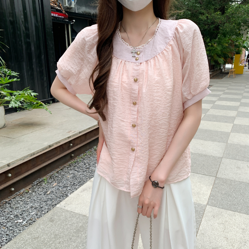 Short sleeve folds summer shirts splice round neck tops