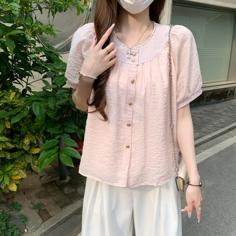 Short sleeve folds summer shirts splice round neck tops