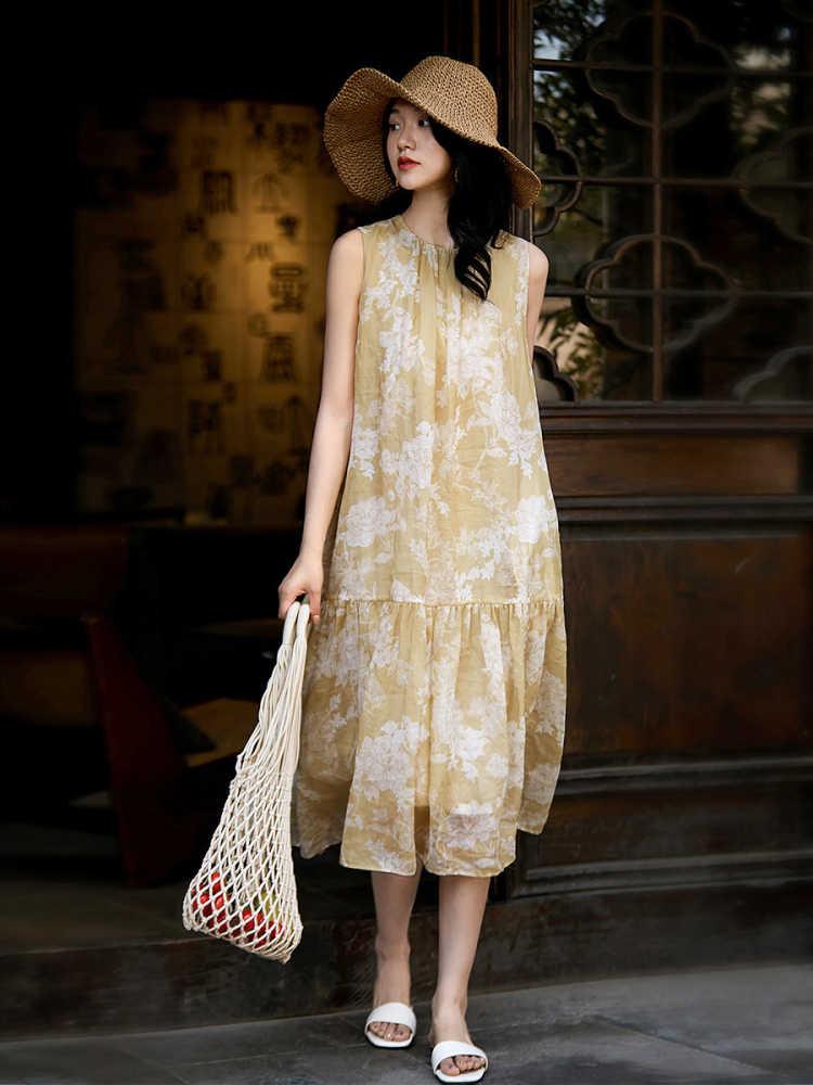 Printing sleeveless vacation summer paper cut dress