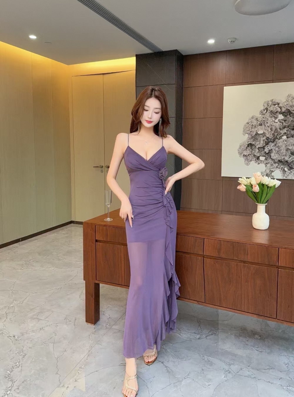Splice flowers gauze bottoming sling long sexy dress