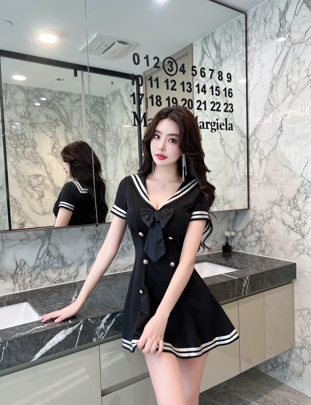 Overalls A-line dress sexy lapel Woolen dress