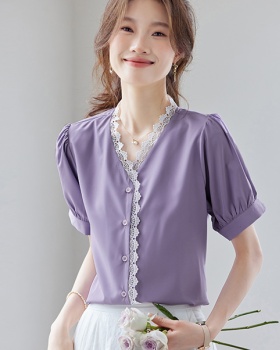 Temperament V-neck purple all-match thin summer Casual shirt