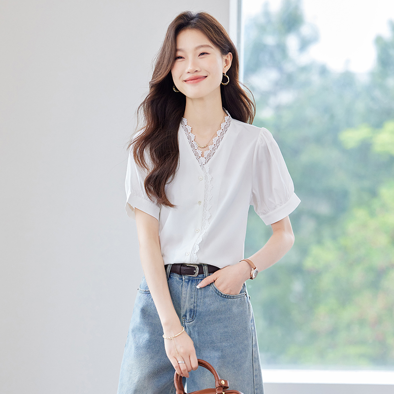 Temperament V-neck purple all-match thin summer Casual shirt