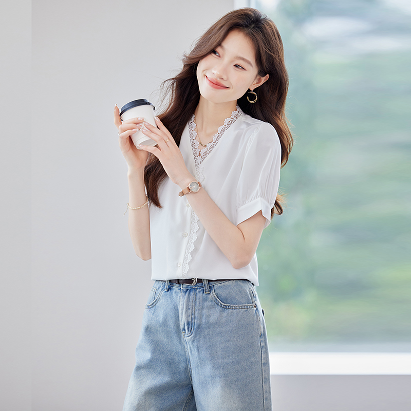 Temperament V-neck purple all-match thin summer Casual shirt