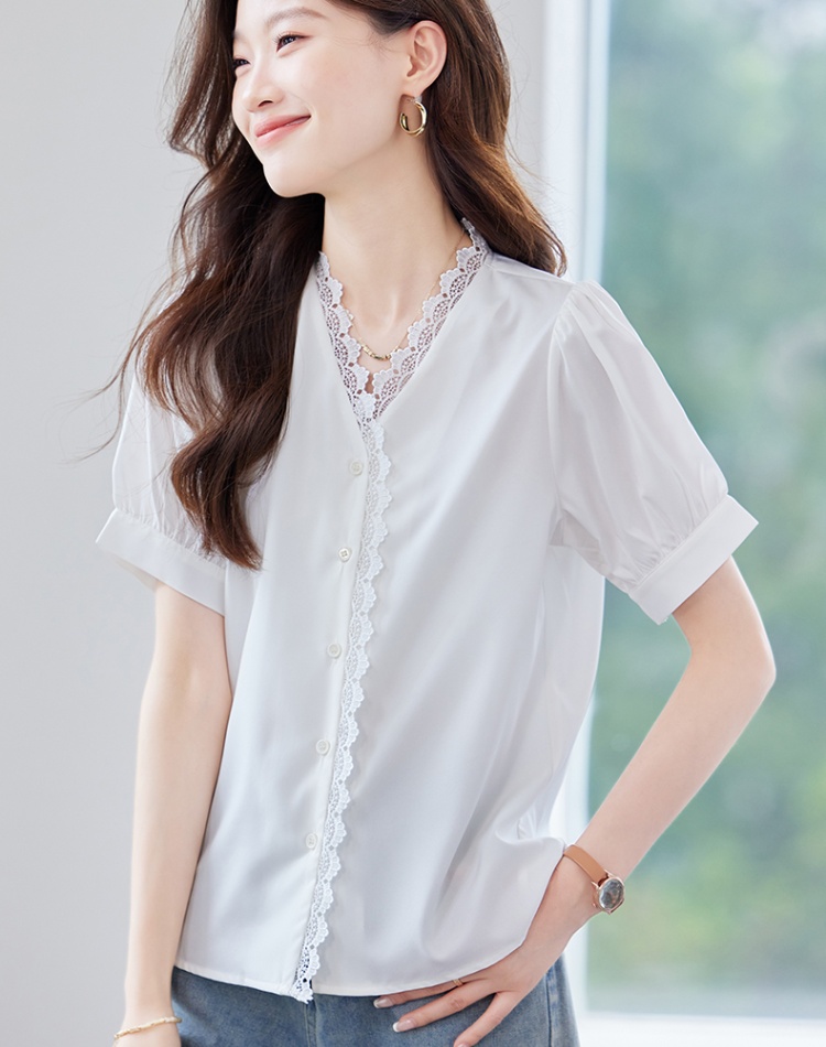 Temperament V-neck purple all-match thin summer Casual shirt