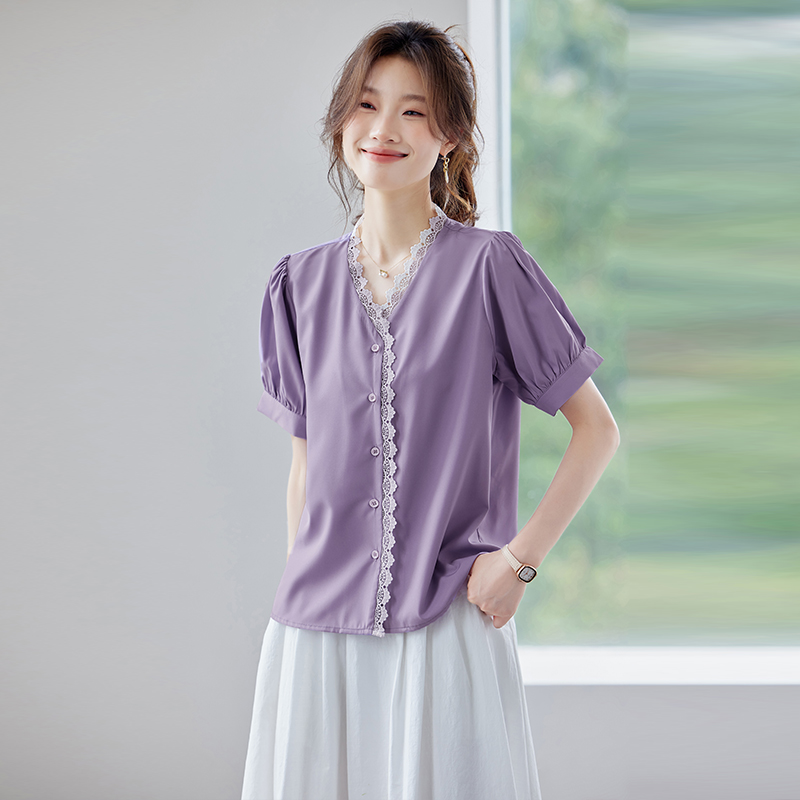 Temperament V-neck purple all-match thin summer Casual shirt