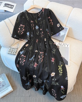 Slim big flower temperament France style high waist dress