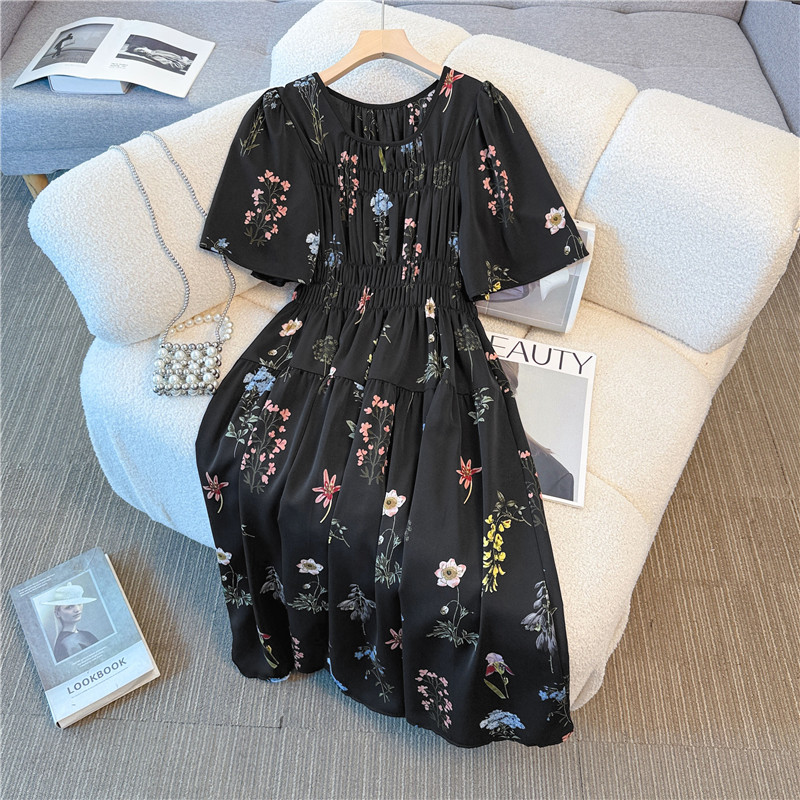 Slim big flower temperament France style high waist dress
