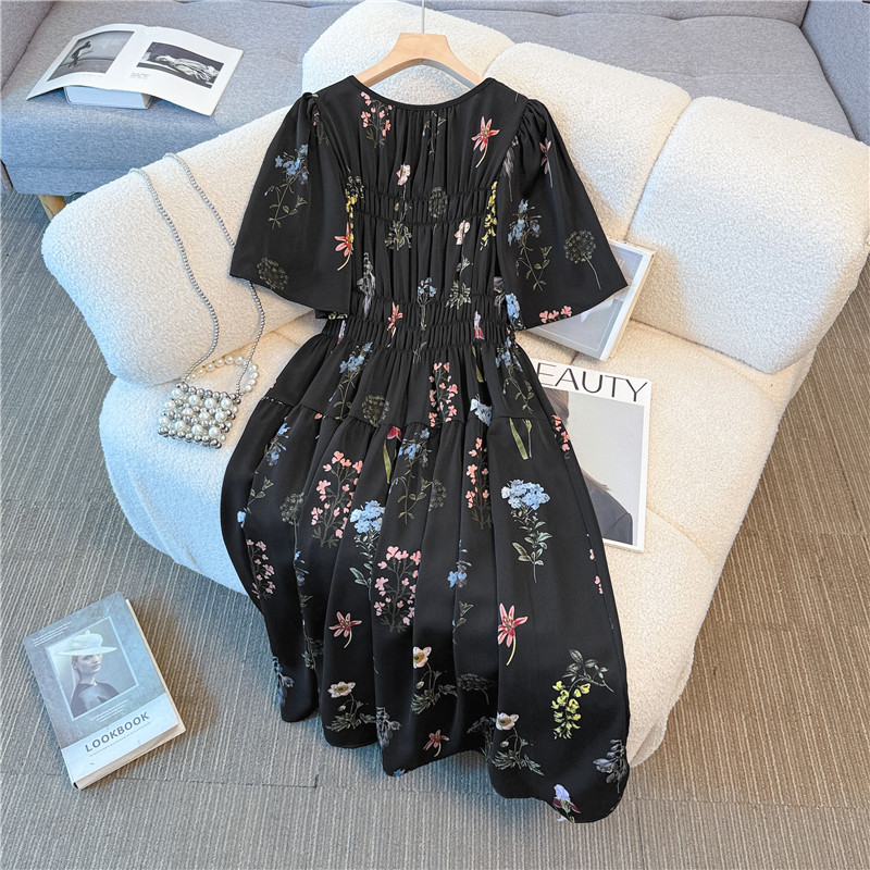 Slim big flower temperament France style high waist dress
