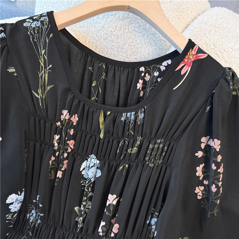 Slim big flower temperament France style high waist dress