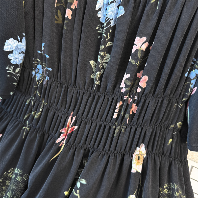 Slim big flower temperament France style high waist dress