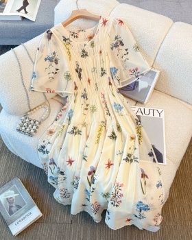 Glaze was white floral elastic slim long dress