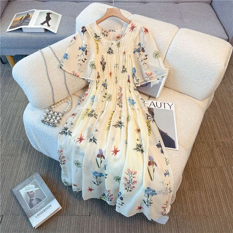 Glaze was white floral elastic slim long dress