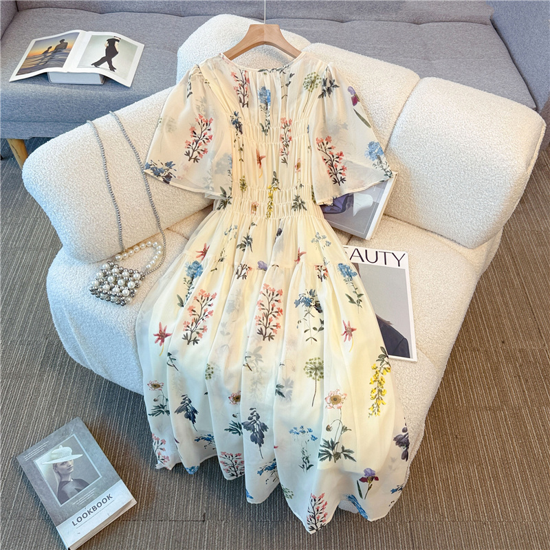 Glaze was white floral elastic slim long dress