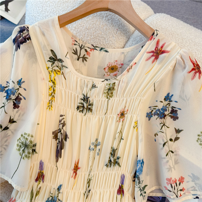 Glaze was white floral elastic slim long dress