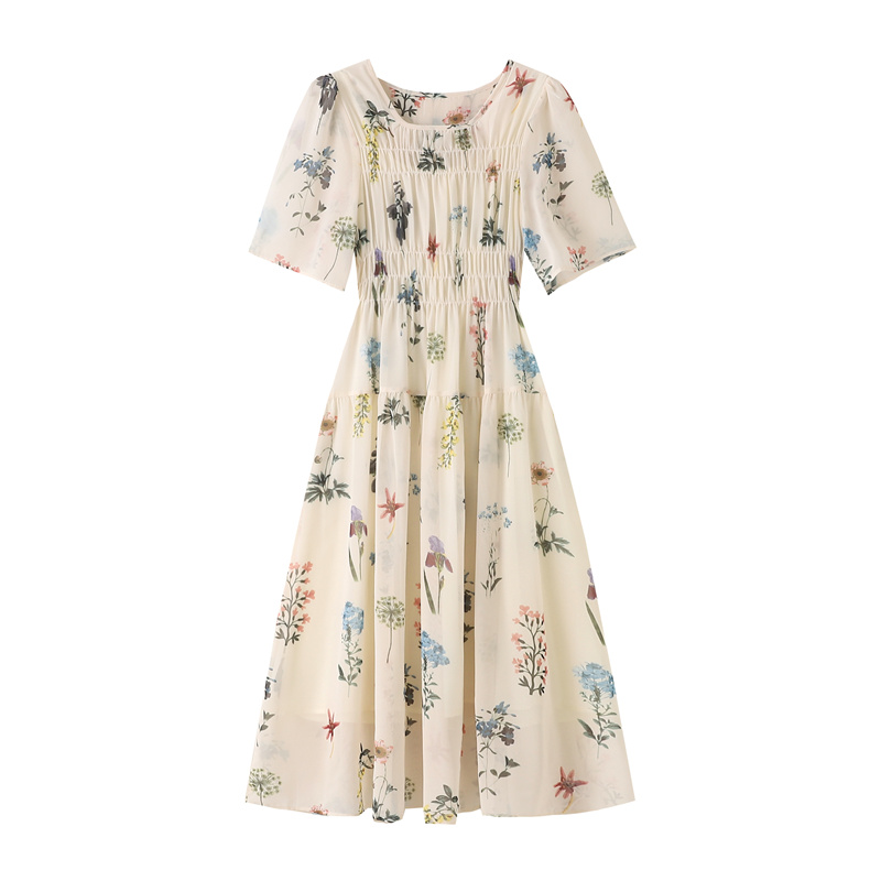 Glaze was white floral elastic slim long dress