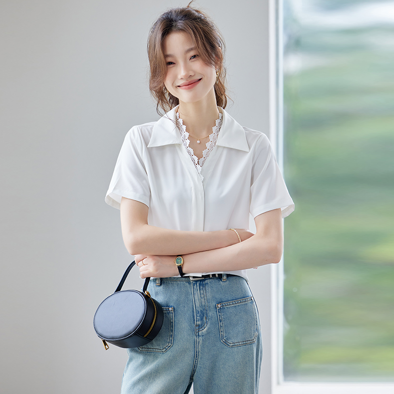 V-neck short sleeve small shirt white unique shirt for women