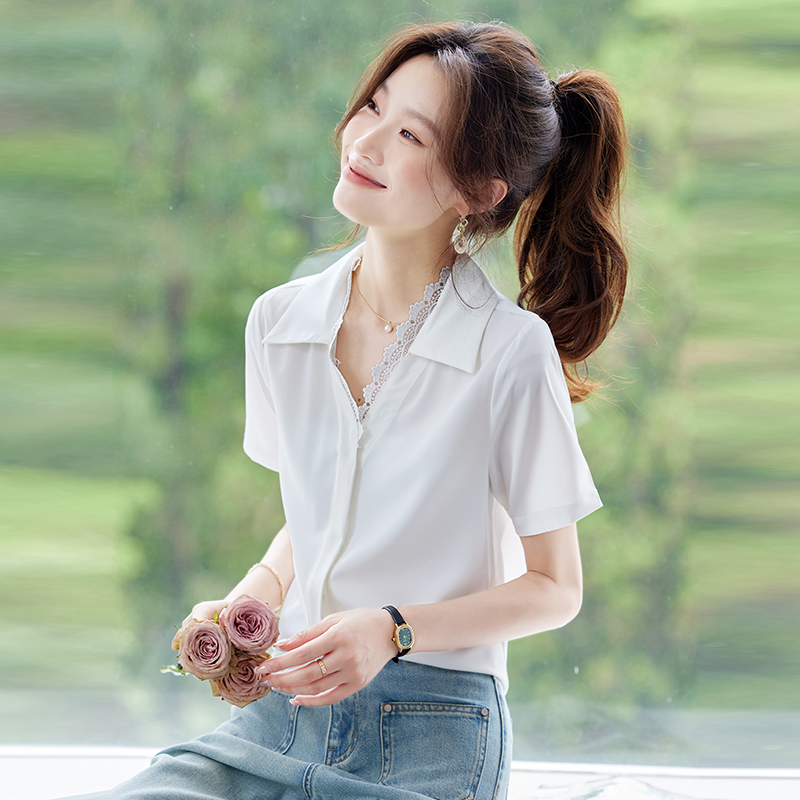 V-neck short sleeve small shirt white unique shirt for women
