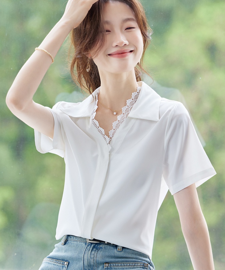 V-neck short sleeve small shirt white unique shirt for women