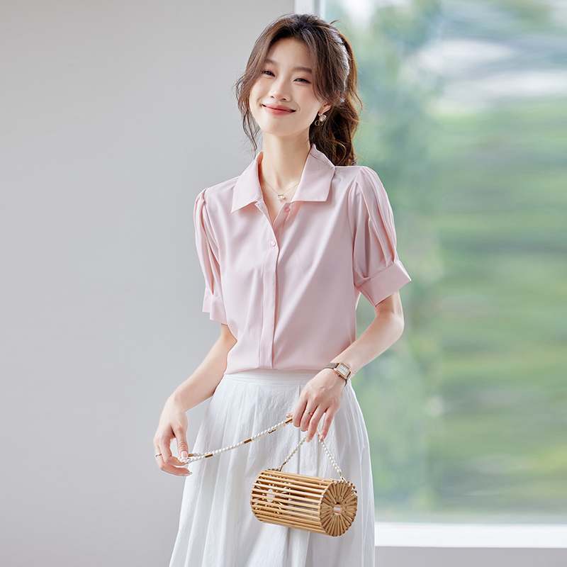 Sweet summer shirt all-match pink small shirt for women
