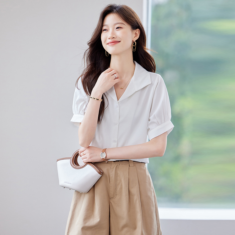 V-neck short sleeve tops Casual all-match shirt for women