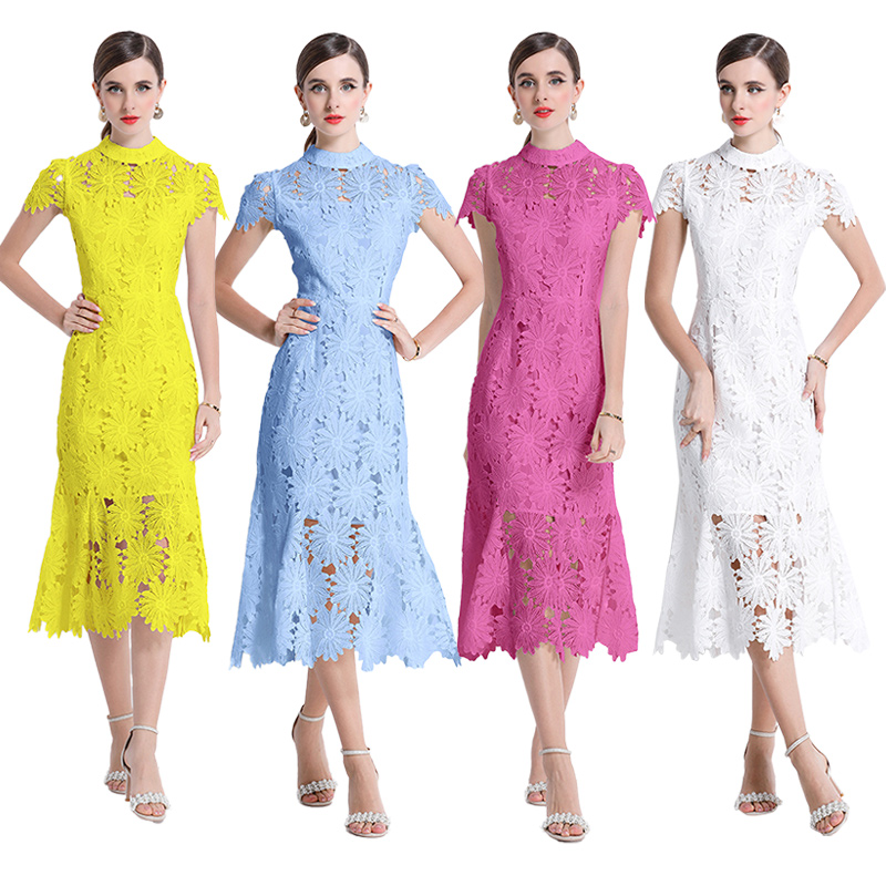 Lace pinched waist short sleeve round neck hollow dress