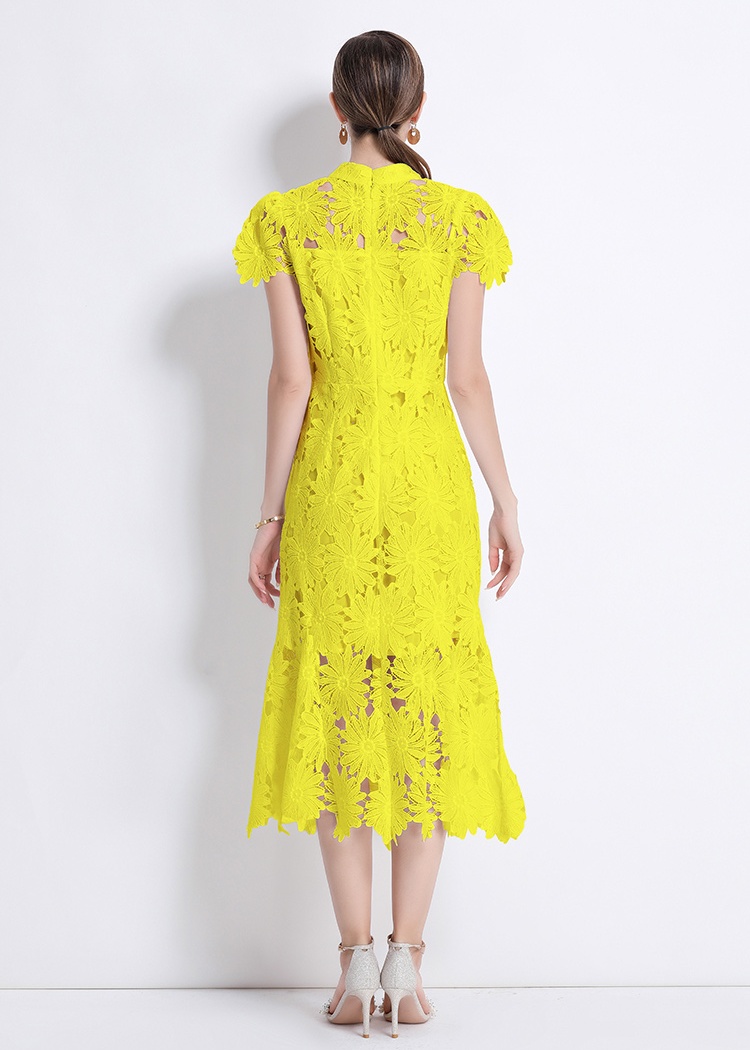 Lace pinched waist short sleeve round neck hollow dress