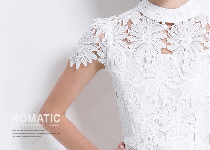 Lace pinched waist short sleeve round neck hollow dress