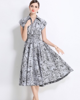 Ink jacquard slim pinched waist Western style dress for women