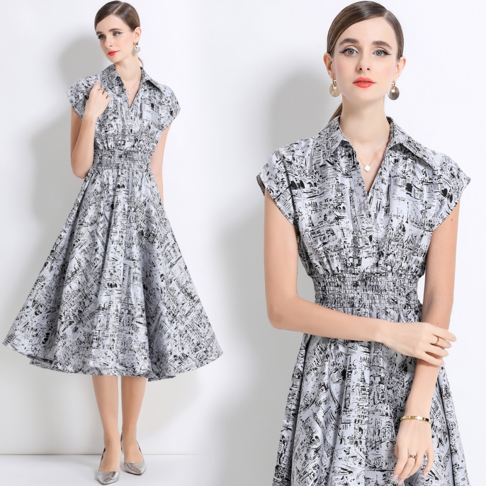 Ink jacquard slim pinched waist Western style dress for women