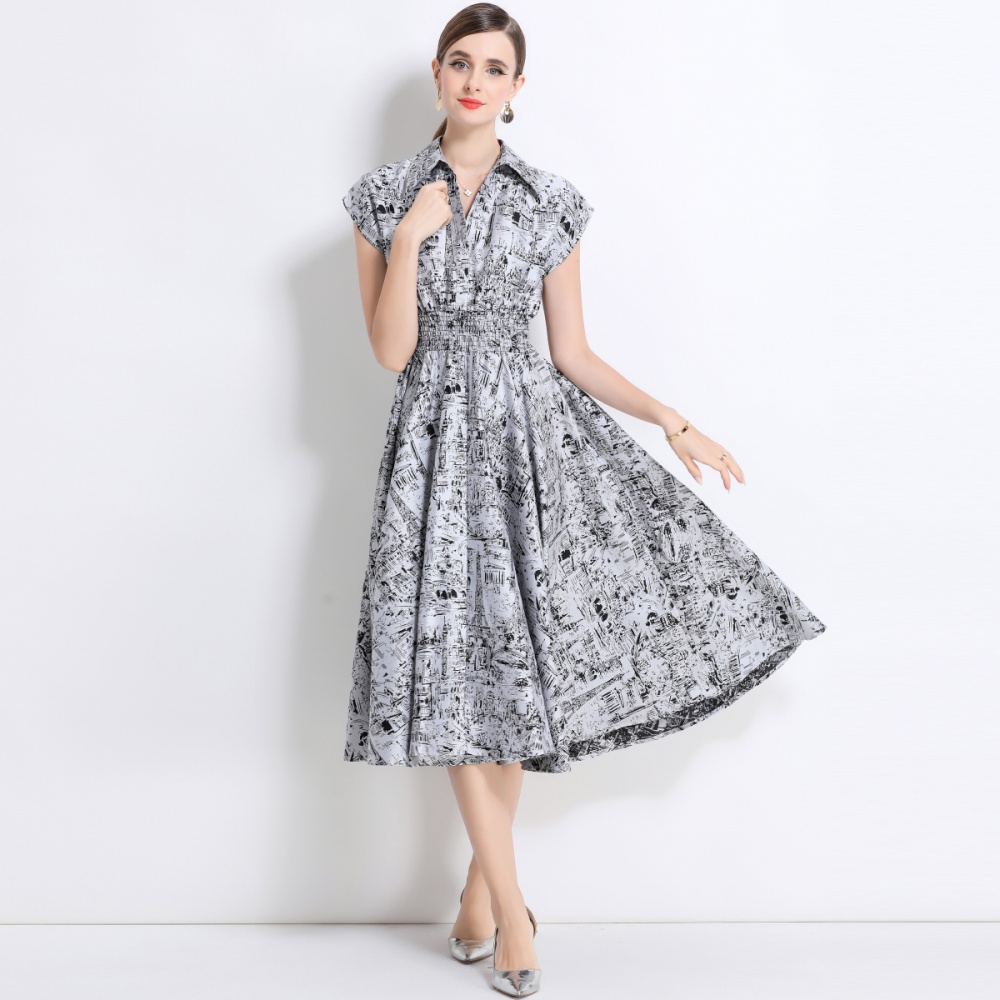 Ink jacquard slim pinched waist Western style dress for women