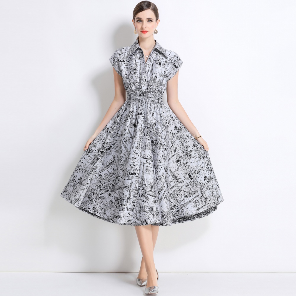 Ink jacquard slim pinched waist Western style dress for women