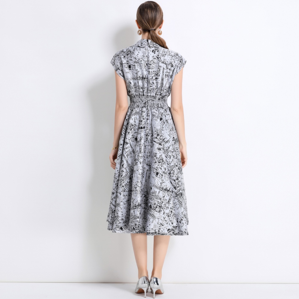 Ink jacquard slim pinched waist Western style dress for women