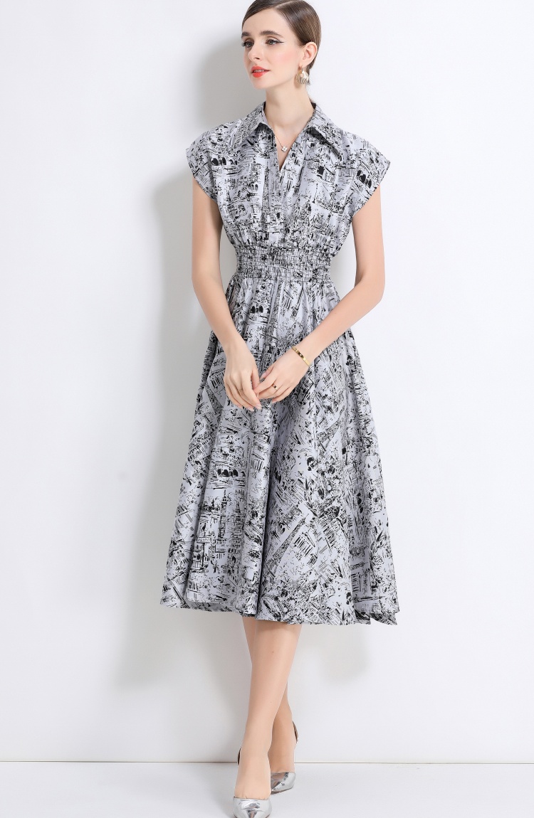 Ink jacquard slim pinched waist Western style dress for women
