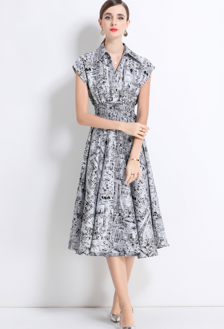 Ink jacquard slim pinched waist Western style dress for women