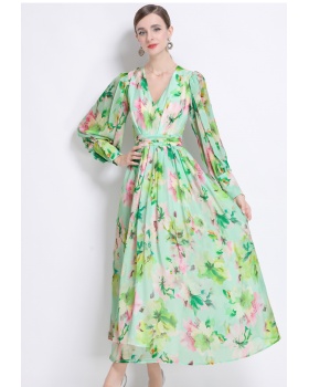 Printing floral long dress long V-neck dress for women