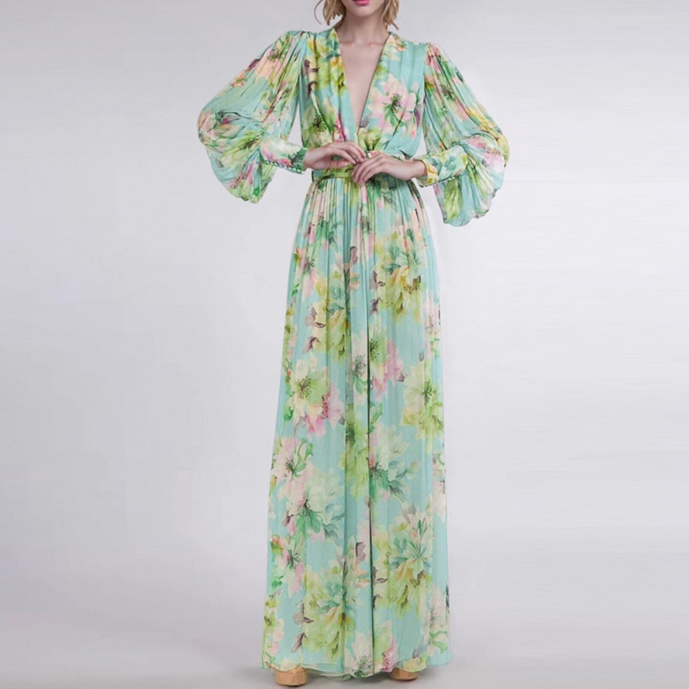 Printing floral long dress long V-neck dress for women