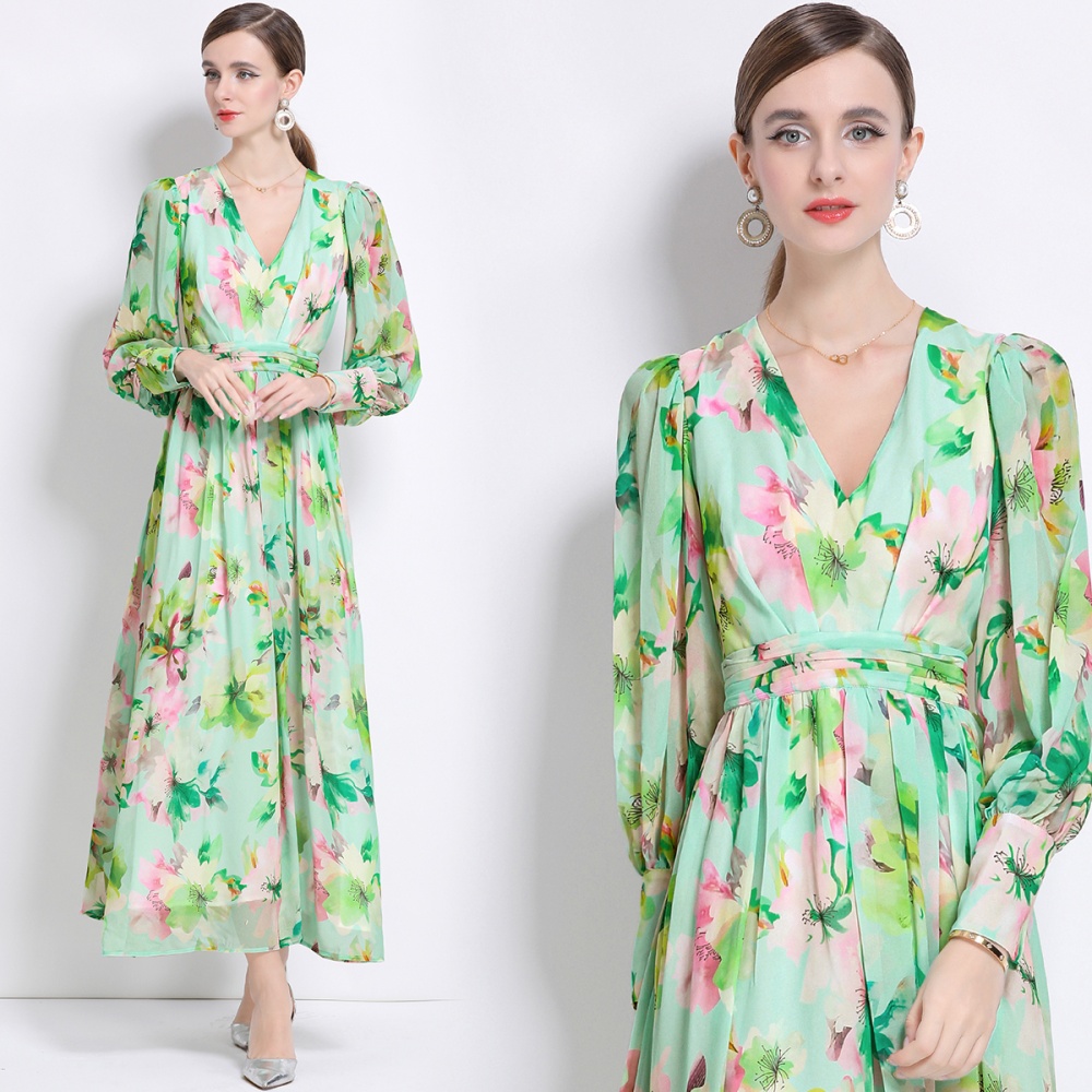 Printing floral long dress long V-neck dress for women